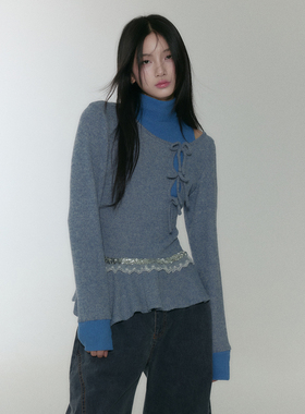 今日艺术家原创蓝色高领少女感磨毛针织两件套长袖上衣