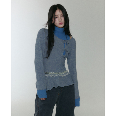 今日艺术家蓝色高领磨毛针织上衣