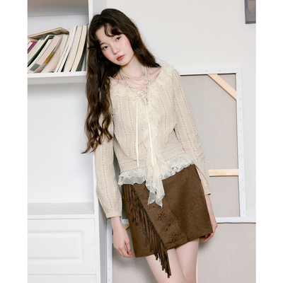 今日艺术家原创浅米色轻法式波西米亚蕾丝花边上衣