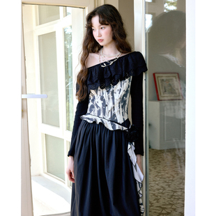 今日艺术家原创黑色斜肩复古少女手绘花苞连衣长裙