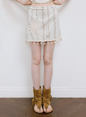 今日艺术家原创米色新波西米亚藤蔓刺绣贝壳流苏A字短裙裤