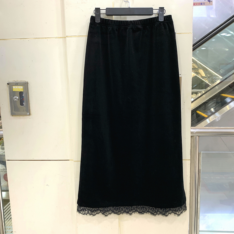 Beauty 6202 时尚松紧高腰下摆蕾丝花边侧开叉中长丝绒半身裙秋装