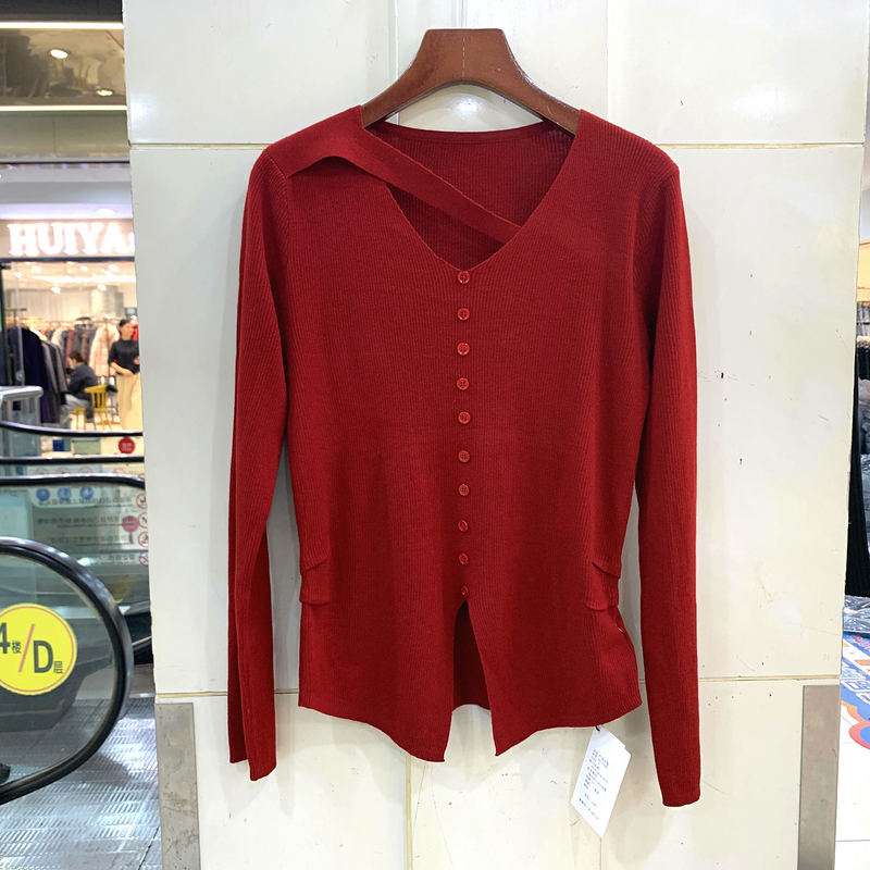 HA-5189 门禁单排扣飘带交叉设计感V领皱褶修身羊毛衫开叉毛衣冬