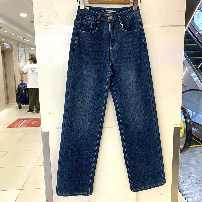 MA79022欧洲站冬季2025时尚百搭高腰弹力加绒加厚窄版直筒牛仔裤