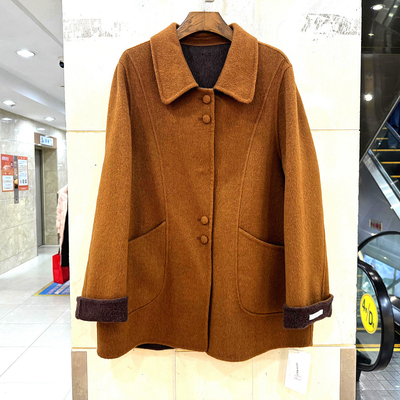 JM-560 撞色袖口单排扣翻领休闲小个中长双面羊毛呢大衣欧货冬装