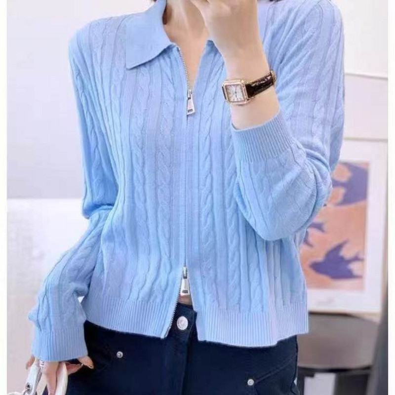 119-6698欧洲站小翻领双拉链头麻花针织长袖绵羊毛显瘦开衫春季新