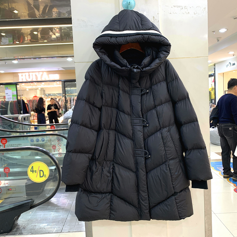 JD853 拼针织连帽牛角扣休闲A字加厚中长白鸭绒羽绒服欧货冬装女
