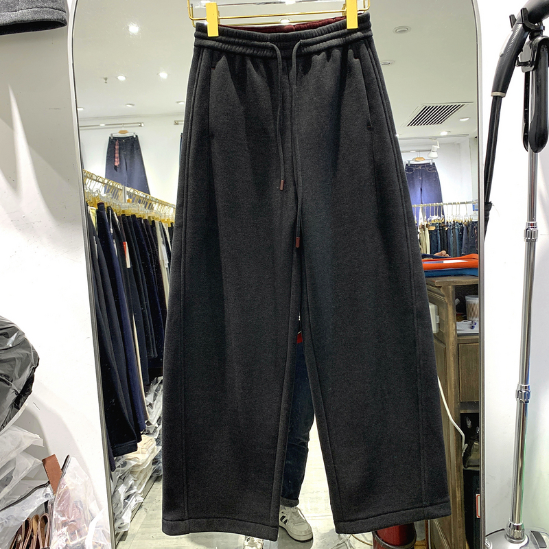 Q5380冬季2025时尚拼色松紧腰飘带加绒保暖宽松休闲减龄杨桃裤女