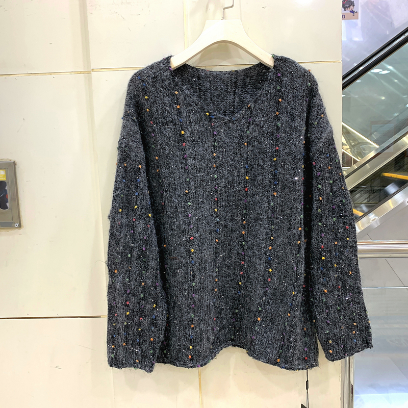 7310 欧货秋装2025新款时尚V领彩色波点亮丝休闲针织衫毛衣女正品
