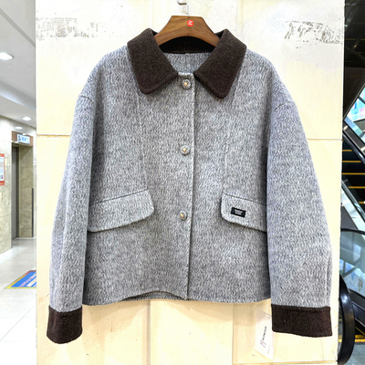 JM-538 欧货冬装2025新款撞色翻领三粒扣休闲A字短双面羊毛呢大衣
