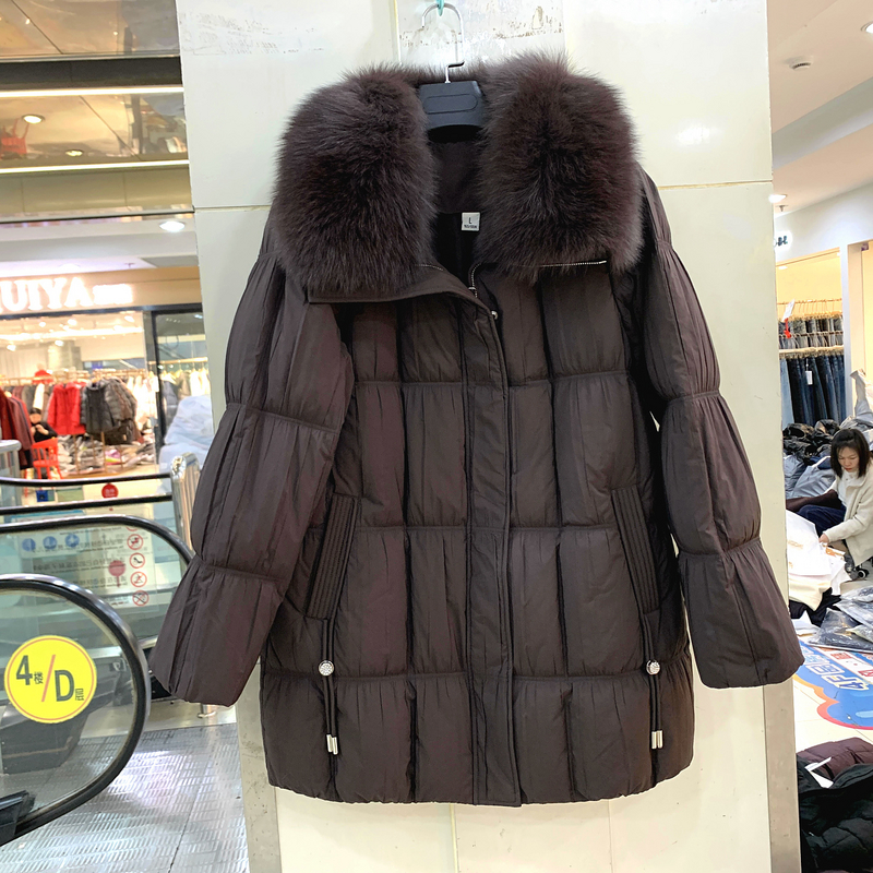 蓝泰101 超大狐狸毛领压褶设计感休闲加厚保暖小个中长鹅绒羽绒服