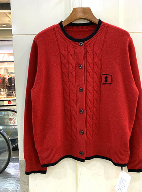 188-66539 高级感刺绣标撞色边圆领单排扣休闲羊毛羊绒毛衣开衫冬