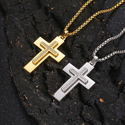 Men cross chain necklace golden hiphop silvery rhinestone