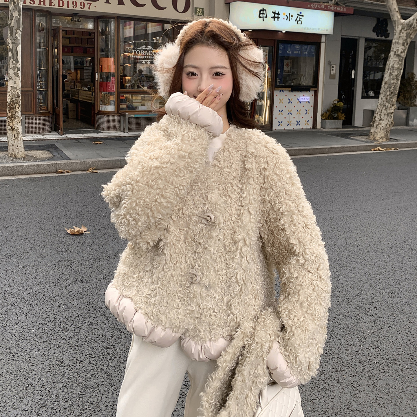 大货已出！皮毛一体90白鸭绒羊圈毛外套2B196-6101-P285控428,女装羽绒服,2B196