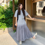 韩版灰色松弛慵懒风套装女2025夏季新款网纱拼接短袖半身裙两件套，女装套装/套裙，浙宝206A（原202）