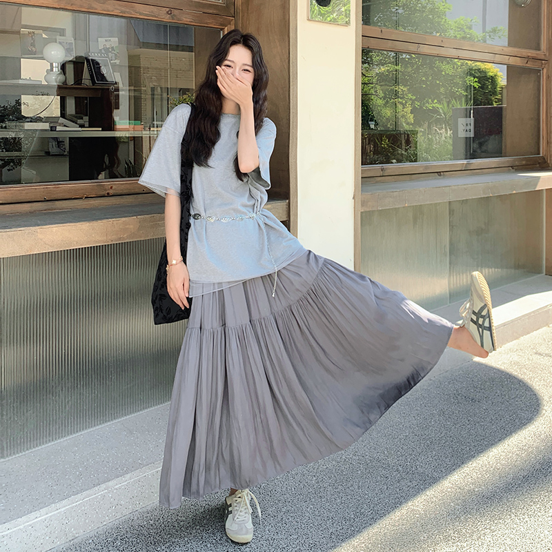 韩版灰色松弛慵懒风套装女2025夏季新款网纱拼接短袖半身裙两件套，女装套装/套裙，浙宝206A（原202）