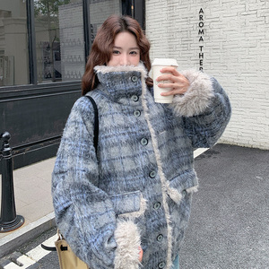 主推！2025冬季 大毛领拼格子呢大衣 2B196-6087-P215控318图片
