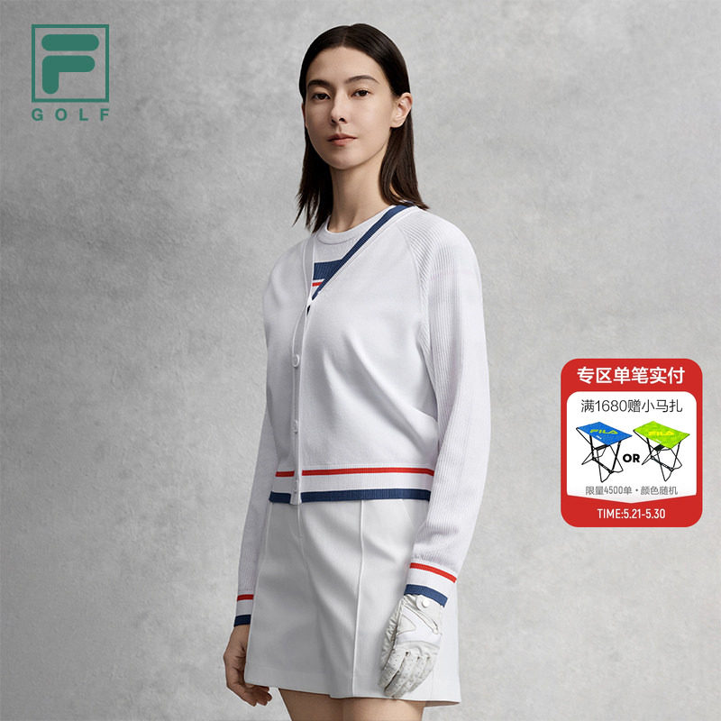 FILA 斐乐官方女士编织外套2026夏新款高尔夫运动舒适V领开