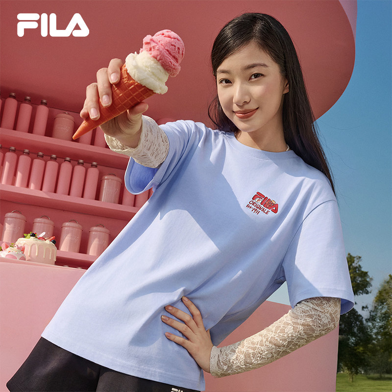 FILA斐乐情侣短袖女2026夏装新款男宽松圆领猫咪刺绣T恤半袖