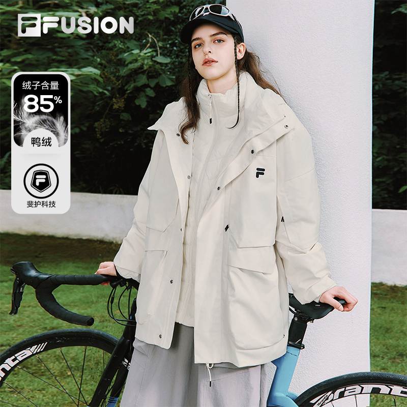 FILA FUSION斐乐潮牌情侣羽绒服两件套2025冬新款连帽三合一外套