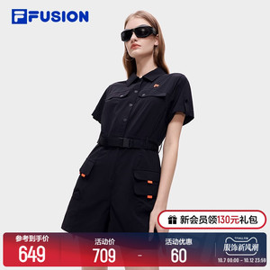 FILA FUSION斐乐潮牌女子梭织连体裤短袖2023秋时尚休闲工装短裤