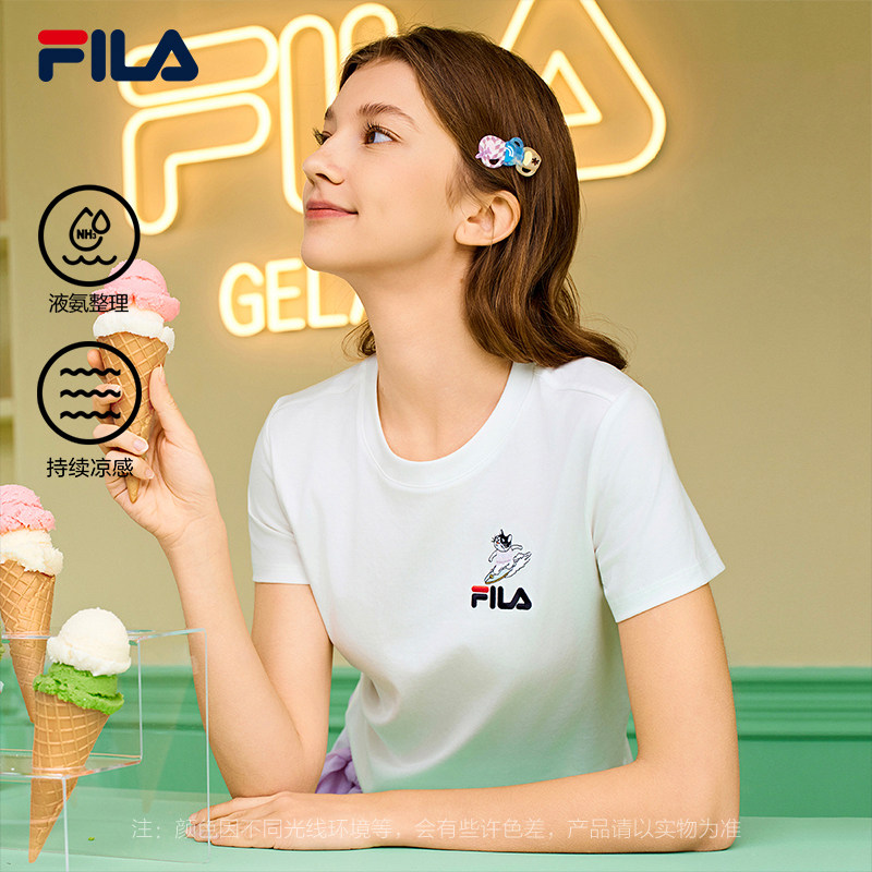 凉感|FILA斐乐针织短袖衫女2026春夏装新款冰丝休闲猫咪刺绣t上衣