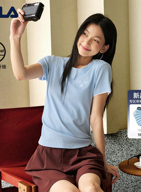 亨利领FILA斐乐女子针织短袖衫2026新款修身T恤百搭休闲弹力上衣