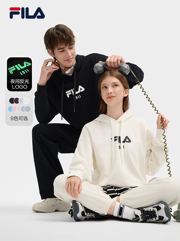 FILA 커플 후드 벨벳 스웨트 남성 2024 가을 새로운 루즈 후디 캐주얼 스포츠 여성 탑
