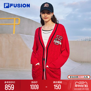 新款 休闲宽松V领开衫 时尚 FILA FUSION斐乐潮牌编织外套女2024春季