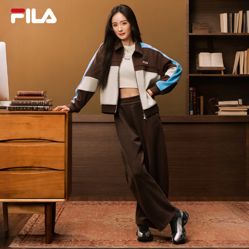 杨幂同款FILA 斐乐官方女士针织长裤春季新款裤子宽松休闲弯刀裤