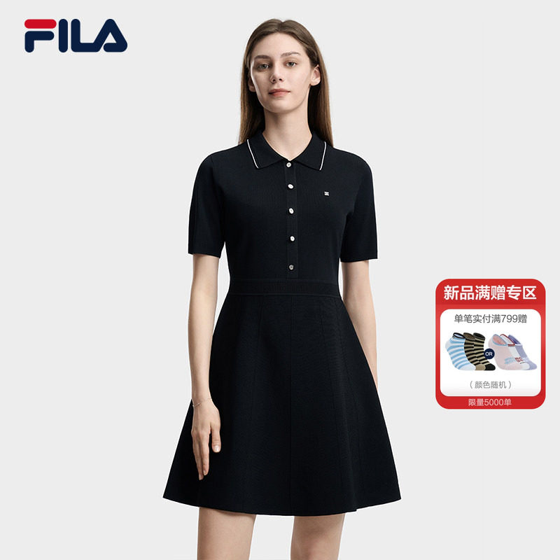 FILA斐乐官方女子编织连衣裙2026夏新款简约POLO领修身收腰连身裙