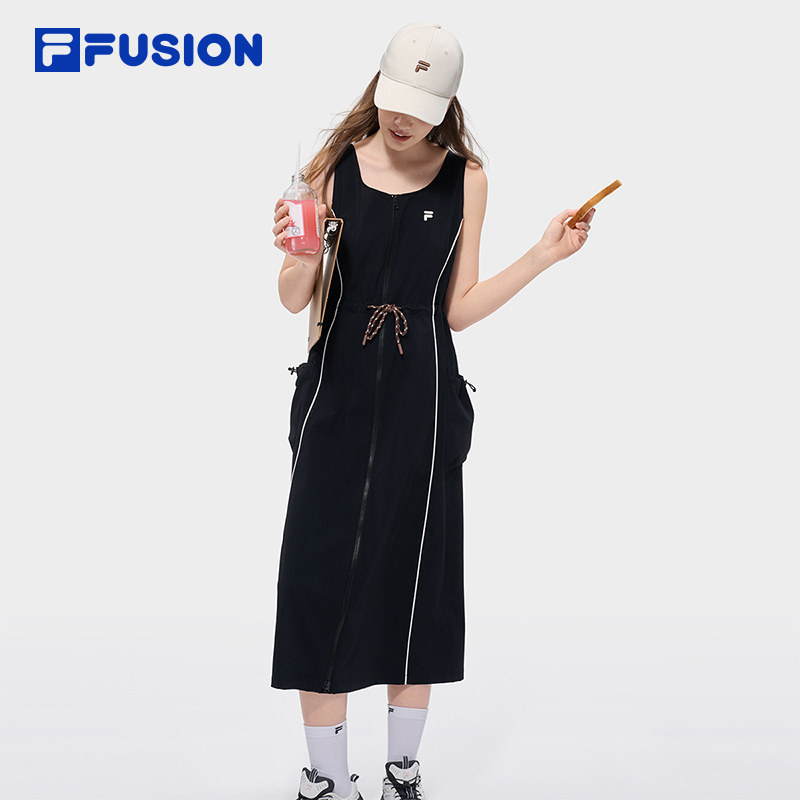 工装裙|FILA FUSION斐乐女子梭织连衣裙2026夏新款长裙收腰裙子