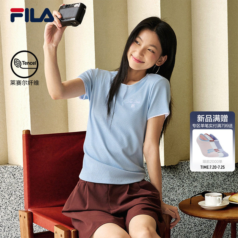 亨利领FILA斐乐女子针织短袖衫2026新款修身T恤百搭休闲弹力上衣