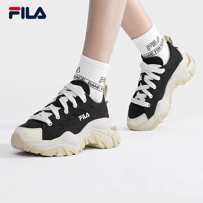 【高圆圆同款】FILA 斐乐鱼刺帆布鞋女鞋2023夏季增高休闲小白鞋