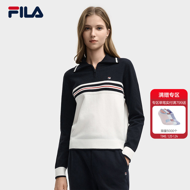 FILA 斐乐官方长袖编织衫女冬季新款时尚休闲拼色舒适翻领毛衣,运动服/休闲服装,运动毛衣/线衫,淘宝优惠券,粉丝福利购,淘宝优惠卷