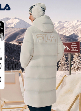 FILA斐乐情侣长款羽绒服女2025冬新款保暖防寒连帽双头拉链外套男