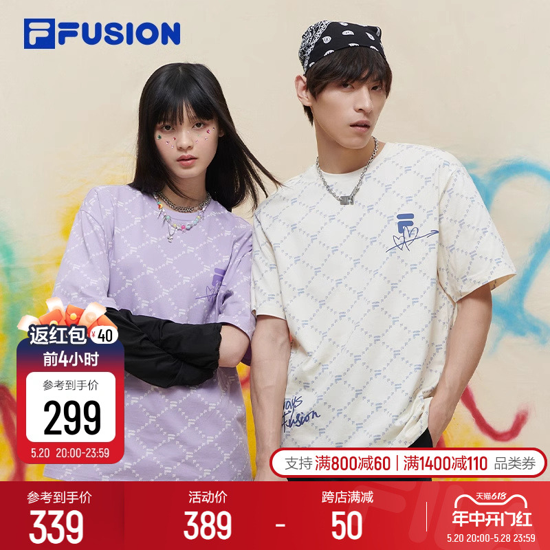 FILA FUSION斐乐潮牌情侣款老花短袖T2024春新纯棉情人节T恤男女 运动服/休闲服装 运动T恤 原图主图