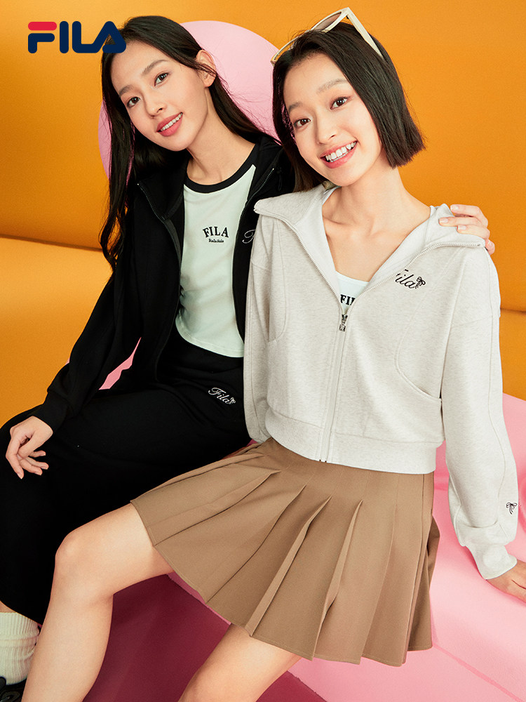 여성을위한 FILA 공식 짧은 후드 재킷 2024 가을 새로운 패션 카디건 스웨트 재킷 탑