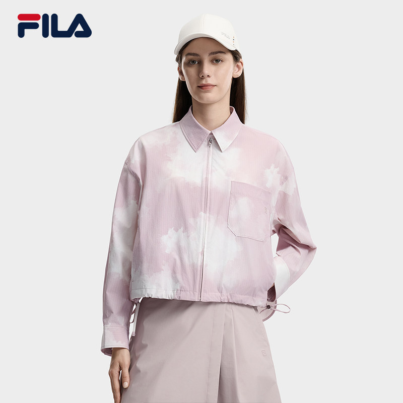 FILA 斐乐官方女士梭织外套2026夏新款时尚宽松满印晕染立领