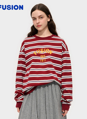 FILA FUSION斐乐潮牌情侣款针织红色长袖衫2025冬新款女条纹长T男