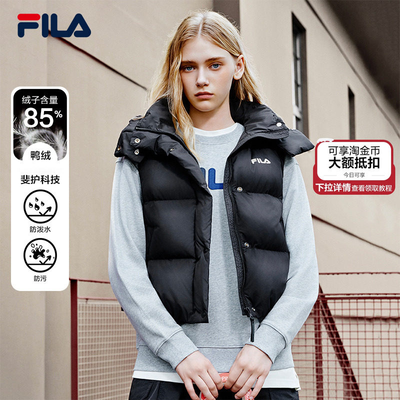 FILA斐乐官方运动羽绒马甲女冬季新款时尚休闲保暖羽绒服背心黑色