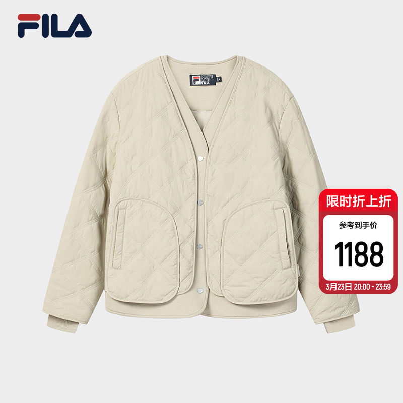 FILA 斐乐官方女士棉服2026春新款时尚休闲绗缝V领假两件保暖外套