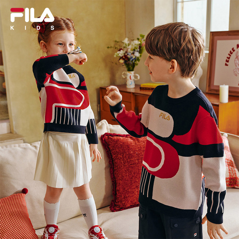 FILA KIDS斐乐童装儿童毛衣春季款男女童新年圆领宽松套头编