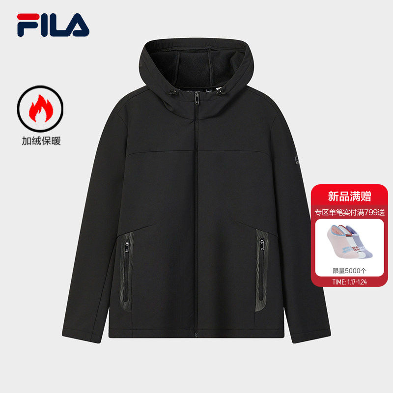 FILA 斐乐官方男士梭织外套简约基础加绒黑色连帽抓绒运动上衣,运动服/休闲服装,运动茄克/外套,淘宝优惠券,粉丝福利购,淘宝优惠卷