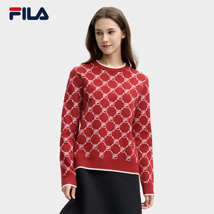 时尚 套头毛衣新款 休闲基础简约满印上衣 编织衫 FILA斐乐官方女长袖
