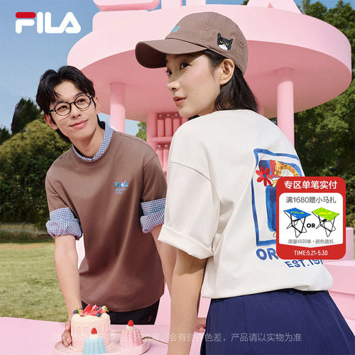 FILA斐乐情侣多彩猫狗刺绣短袖T