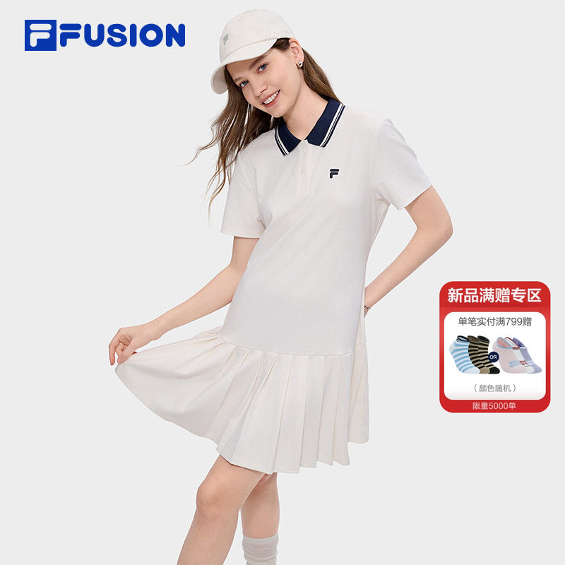百褶裙|FILA FUSION斐乐潮牌女子针织连衣裙2026夏新款宽松POLO裙