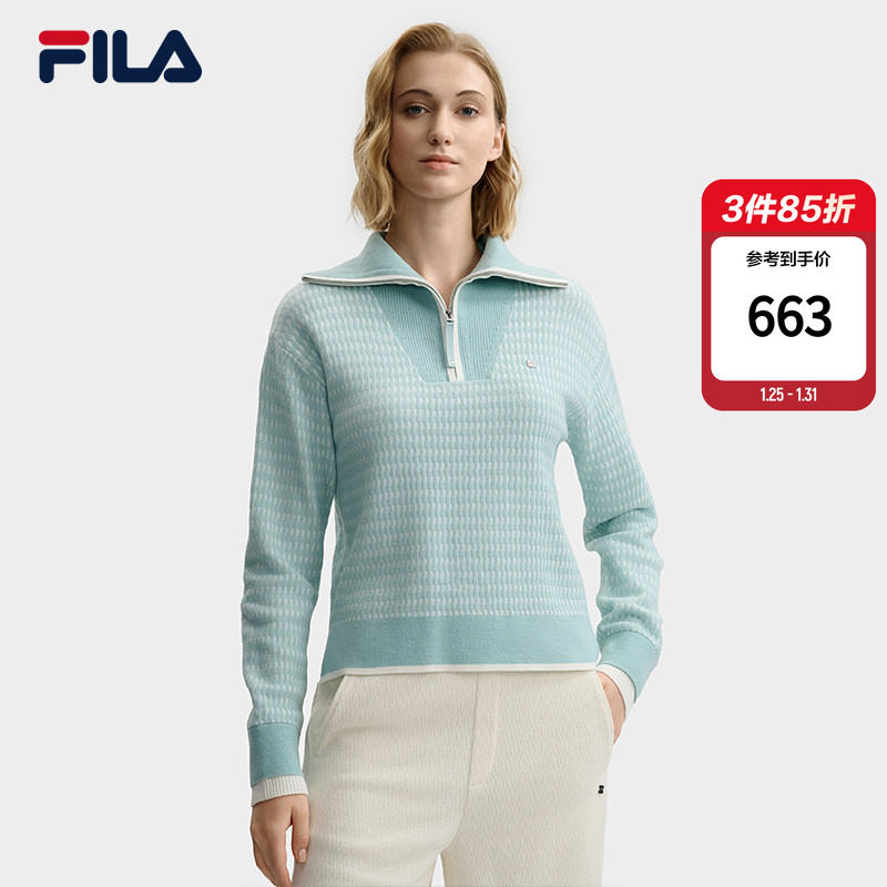 FILA 斐乐官方长袖编织衫毛衣女冬季新款休闲半拉链翻领保暖上衣