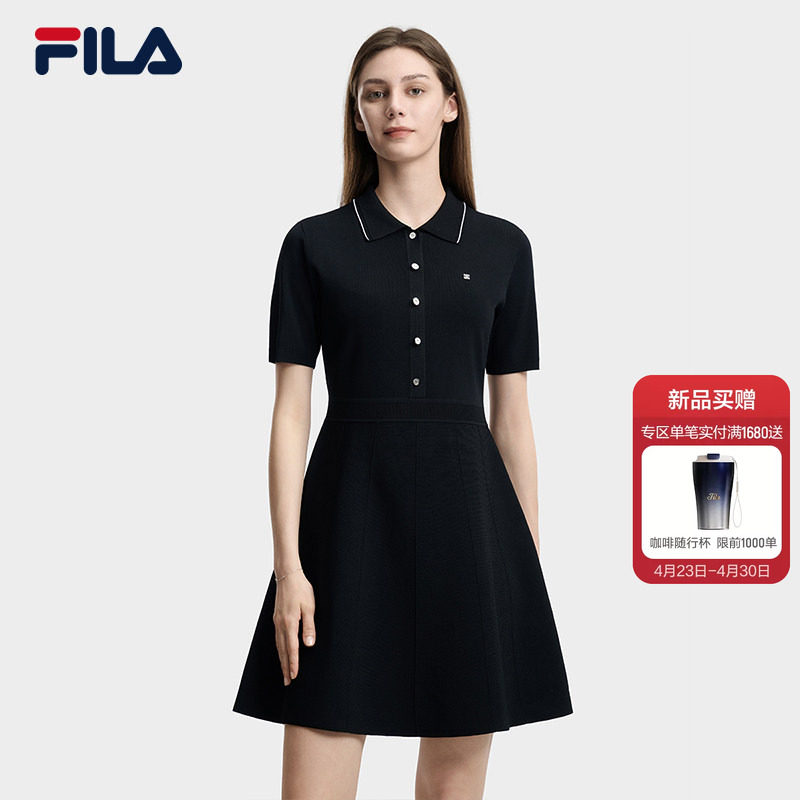 FILA斐乐官方女子编织连衣裙2026夏新款简约POLO领修身收腰连身裙