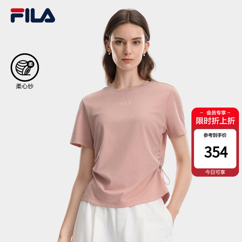FILA斐乐针织圆领短袖26秋季新款女士正肩抽绳收腰修身休闲风T恤